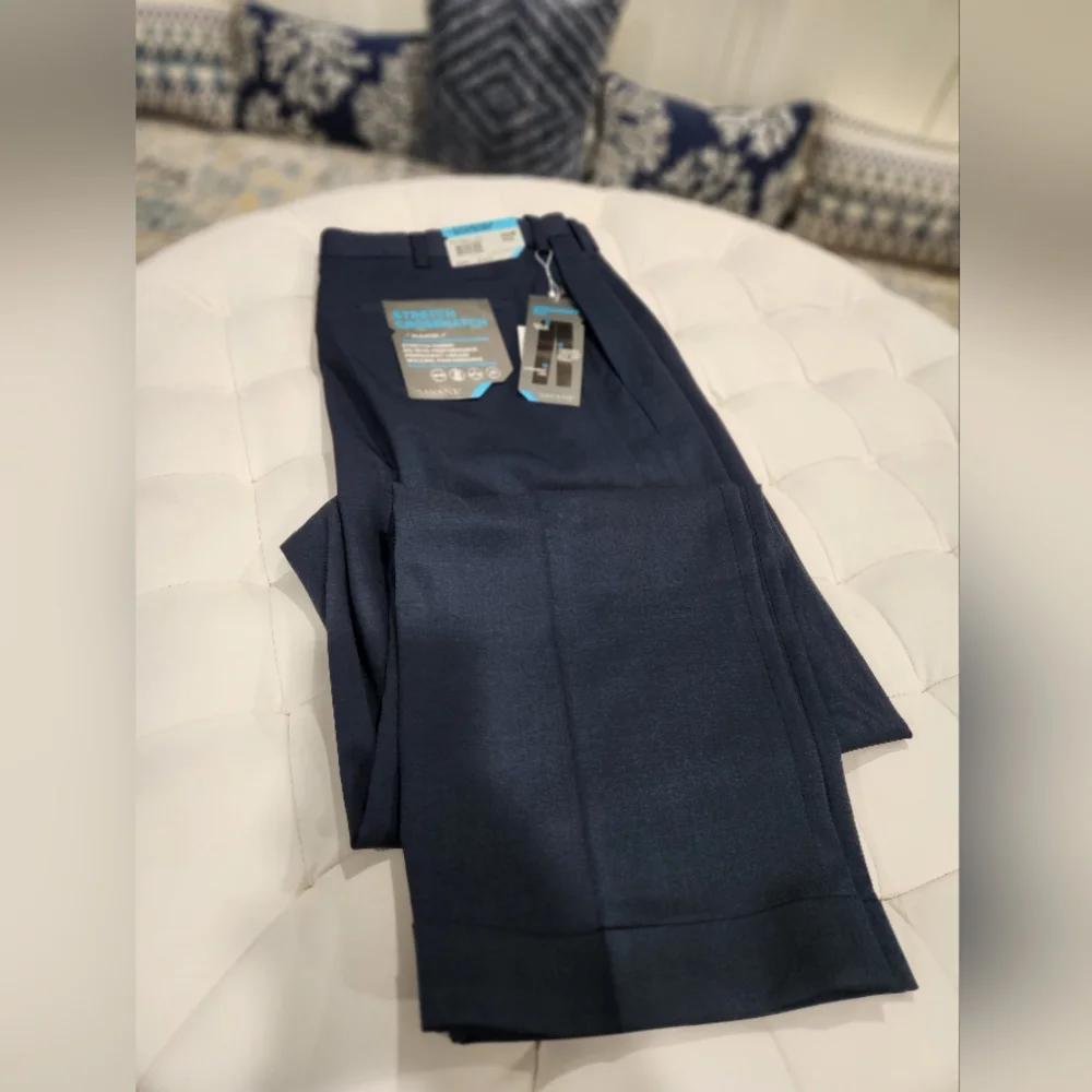 NEW Savane 36x32 Mens Stretch Crosshatch Pleated Cuffed Dress Pants Blue NWT - Picture 2 of 7